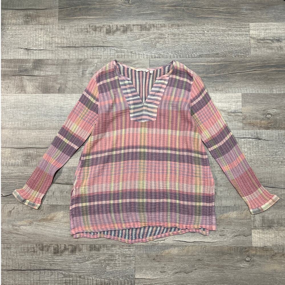 Soft Surroundings Cotton Gauze Long Sleeve V Neck Size Large Striped Cottagecore